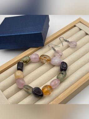 Multicolor Polished Gemstone Beaded Necklace with Matching Earrings